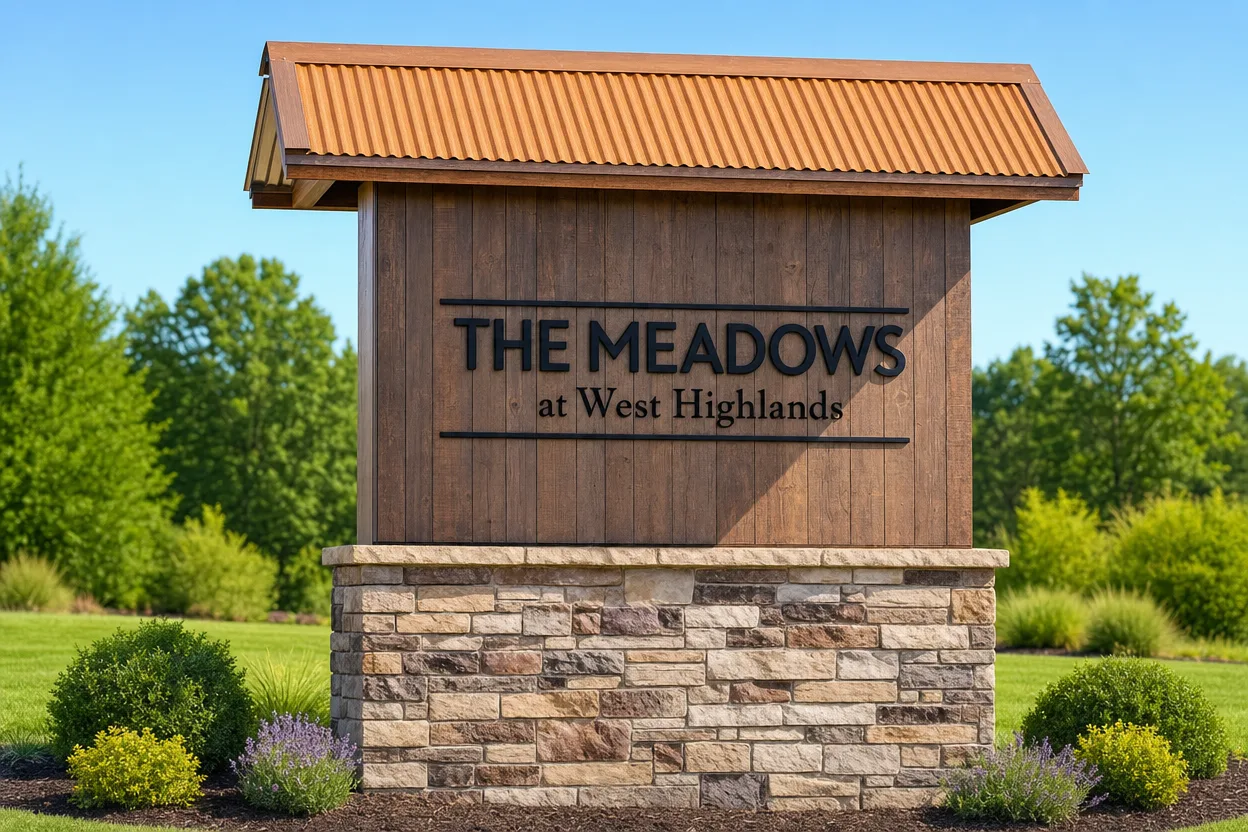 Stone and wood entrance monument sign for The Meadows at West Highlands neighborhood in Middleton Idaho