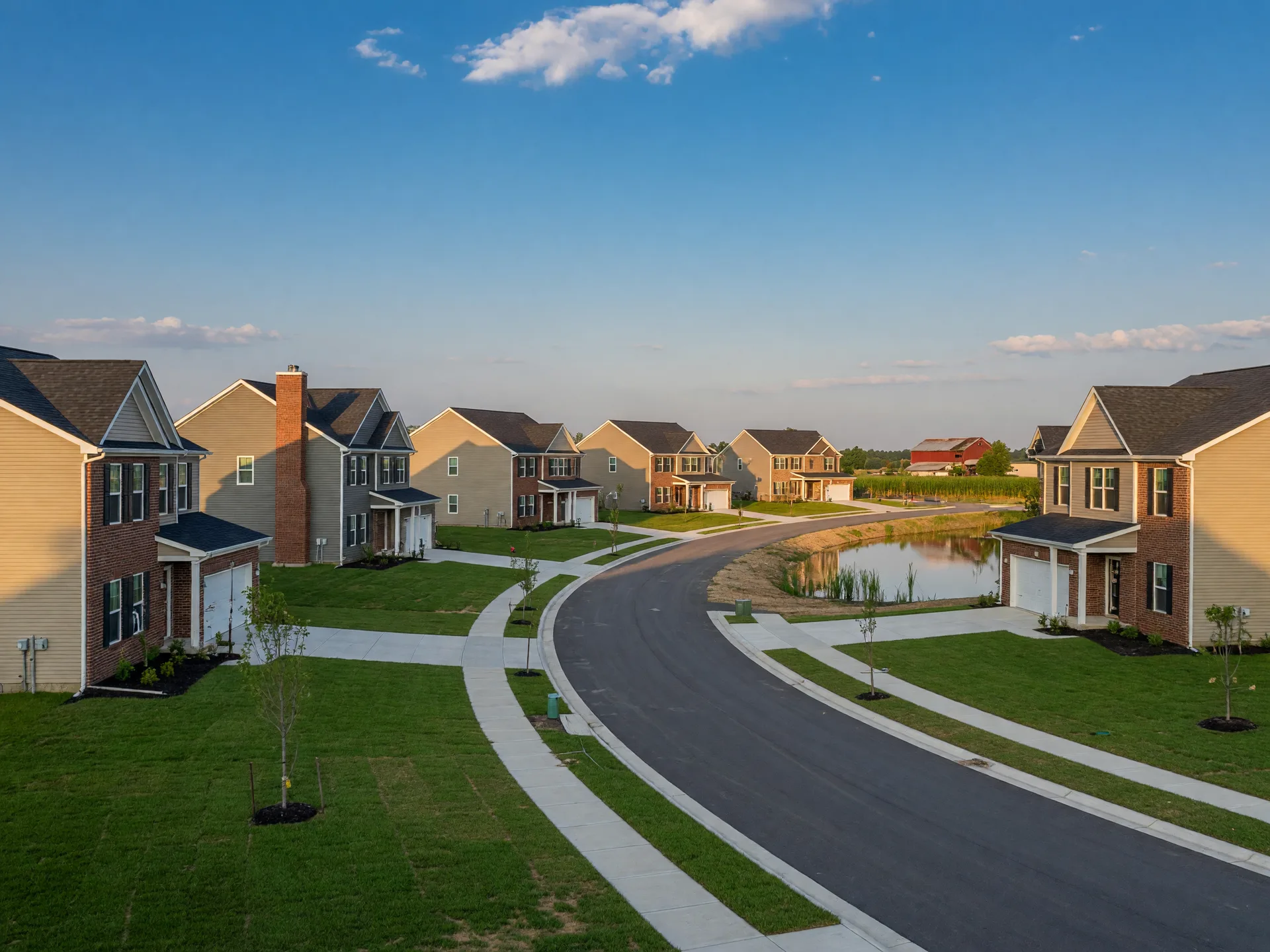 A newly built residential street on the edge of a small Indiana town in warm late-afternoon light