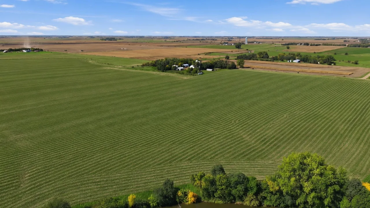 High-altitude aerial of undeveloped fields bordering Swan Lake