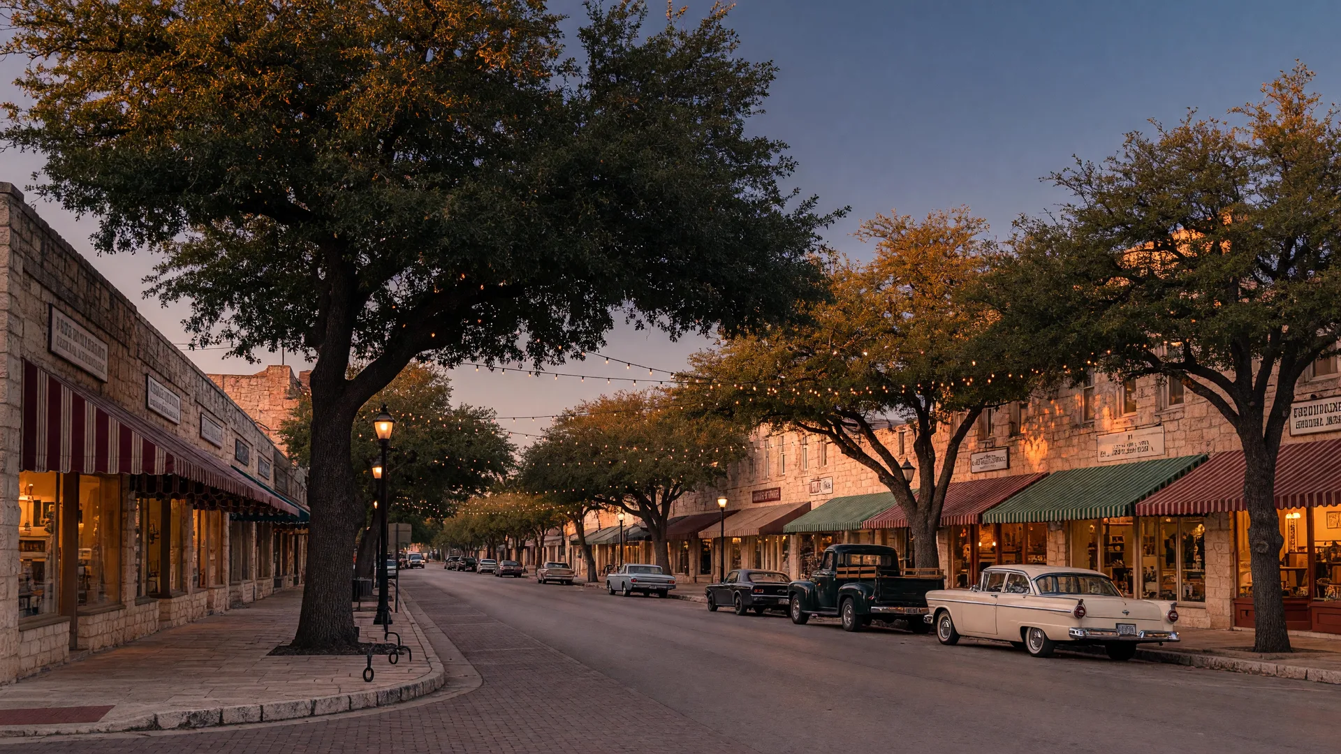 Golden-hour limestone storefronts and live oaks on Boerne's Hill Country Mile