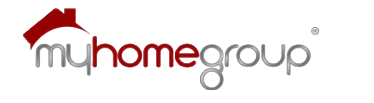 My Home Group logo: the myhomegroup wordmark in silver and red with a red house icon
