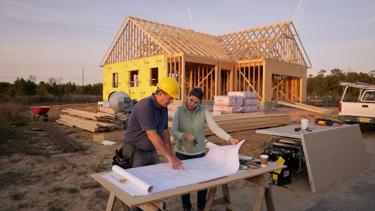 Builder and homeowner reviewing construction plans at a South Jersey building site