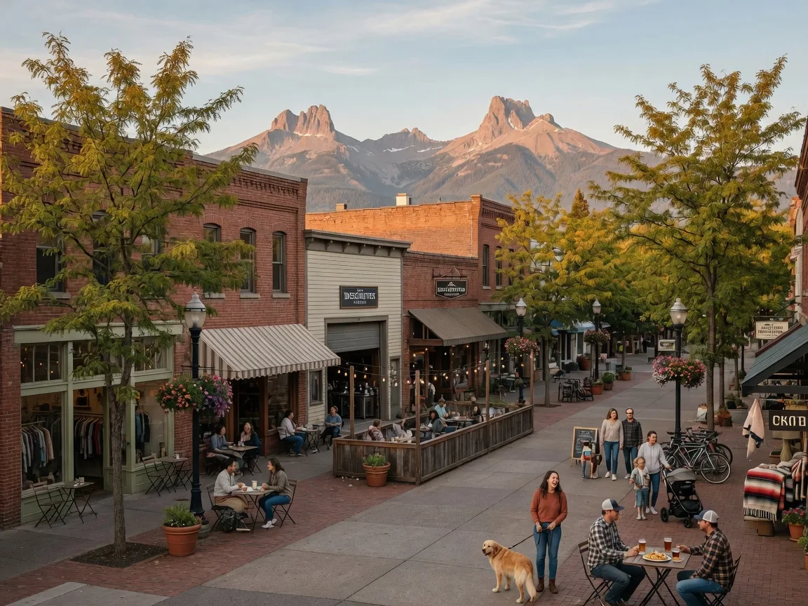 Charming downtown Bend street with local shops and Cascade Mountain backdrop