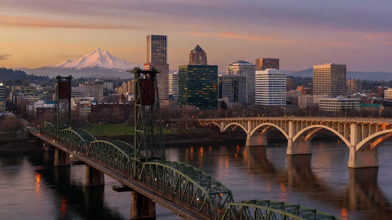 The Portland skyline at dusk seen from the east side, with Mount Hood on the horizon