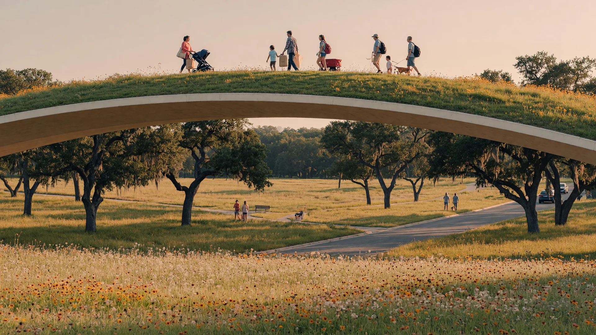 Families walking across the grassy land bridge at Phil Hardberger Park in San Antonio at golden hour