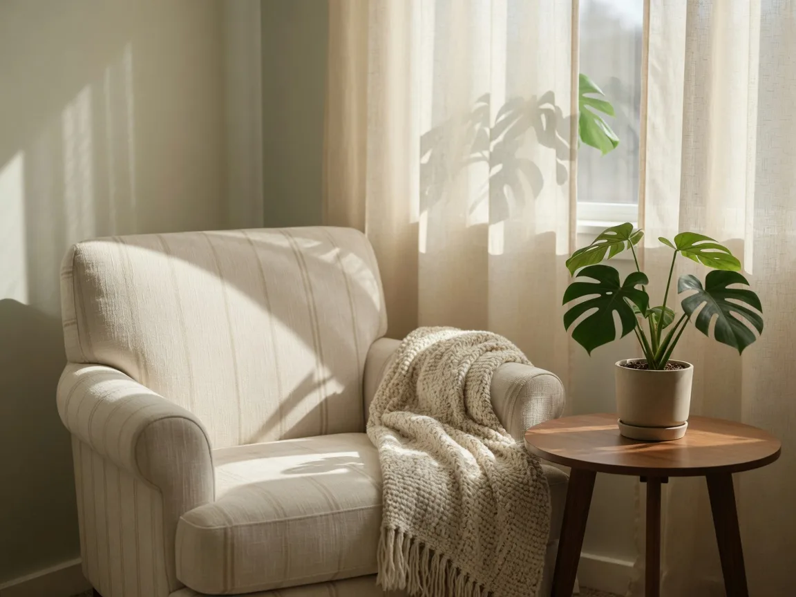 A bright, peaceful psychotherapy office corner with an upholstered armchair, a throw blanket, and a potted plant in warm window light