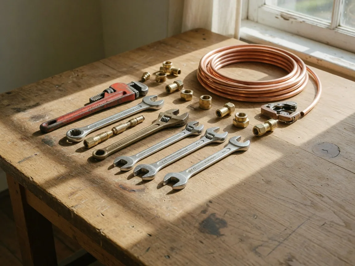 Pipe wrenches, spanners, and brass fittings laid out on a plumber's workbench