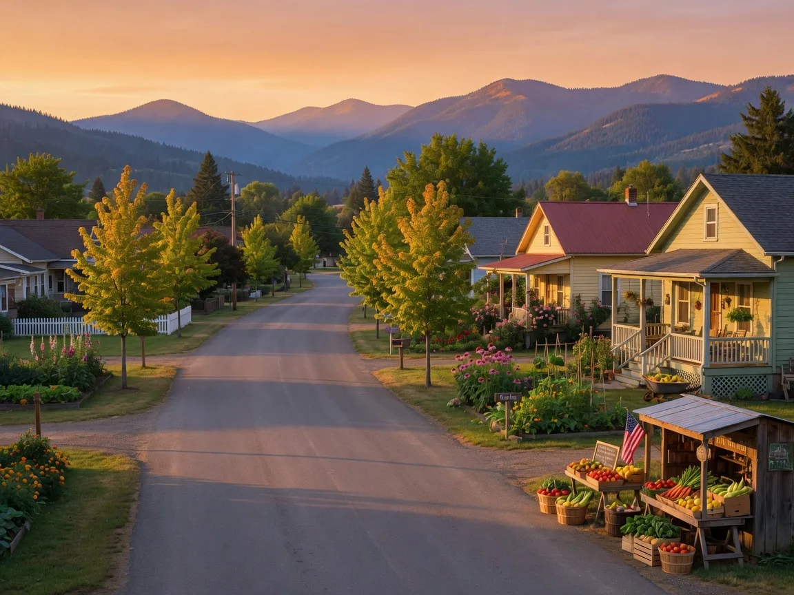 A quiet farm town road near Eagle Point in warm golden light, Cascade foothills hazy behind