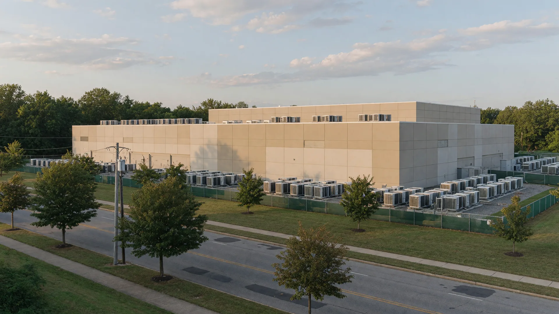 A low, boxy data center facility on the edge of a suburban New Jersey town in late-summer afternoon light
