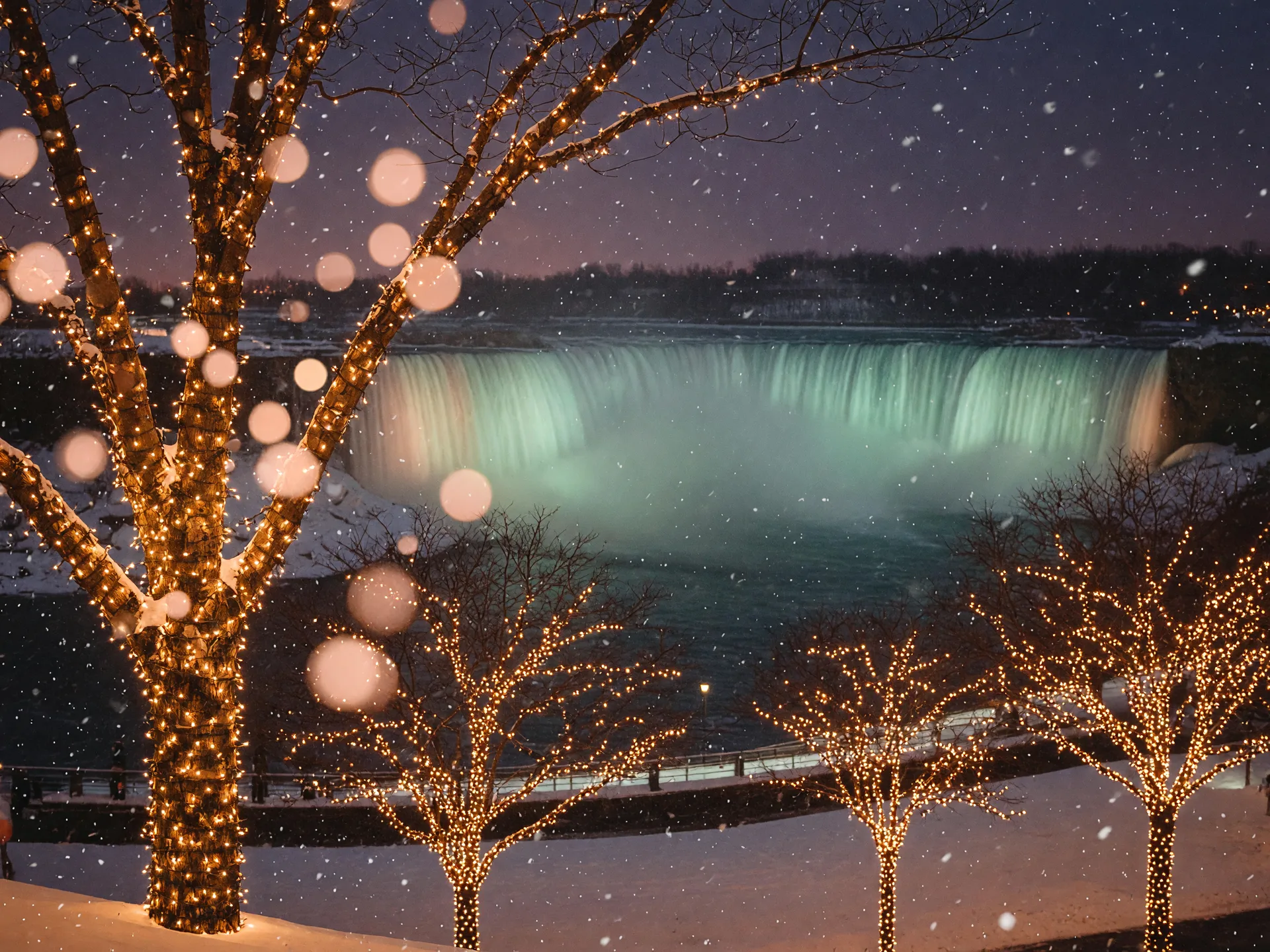 Trees glowing with warm festival lights along the Niagara riverfront on a snowy winter evening, with the illuminated falls in the distance