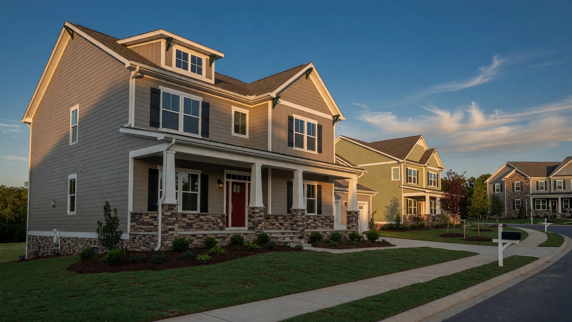 A new craftsman-style home with a covered porch on a cul-de-sac in a Northeast Georgia planned community at golden hour