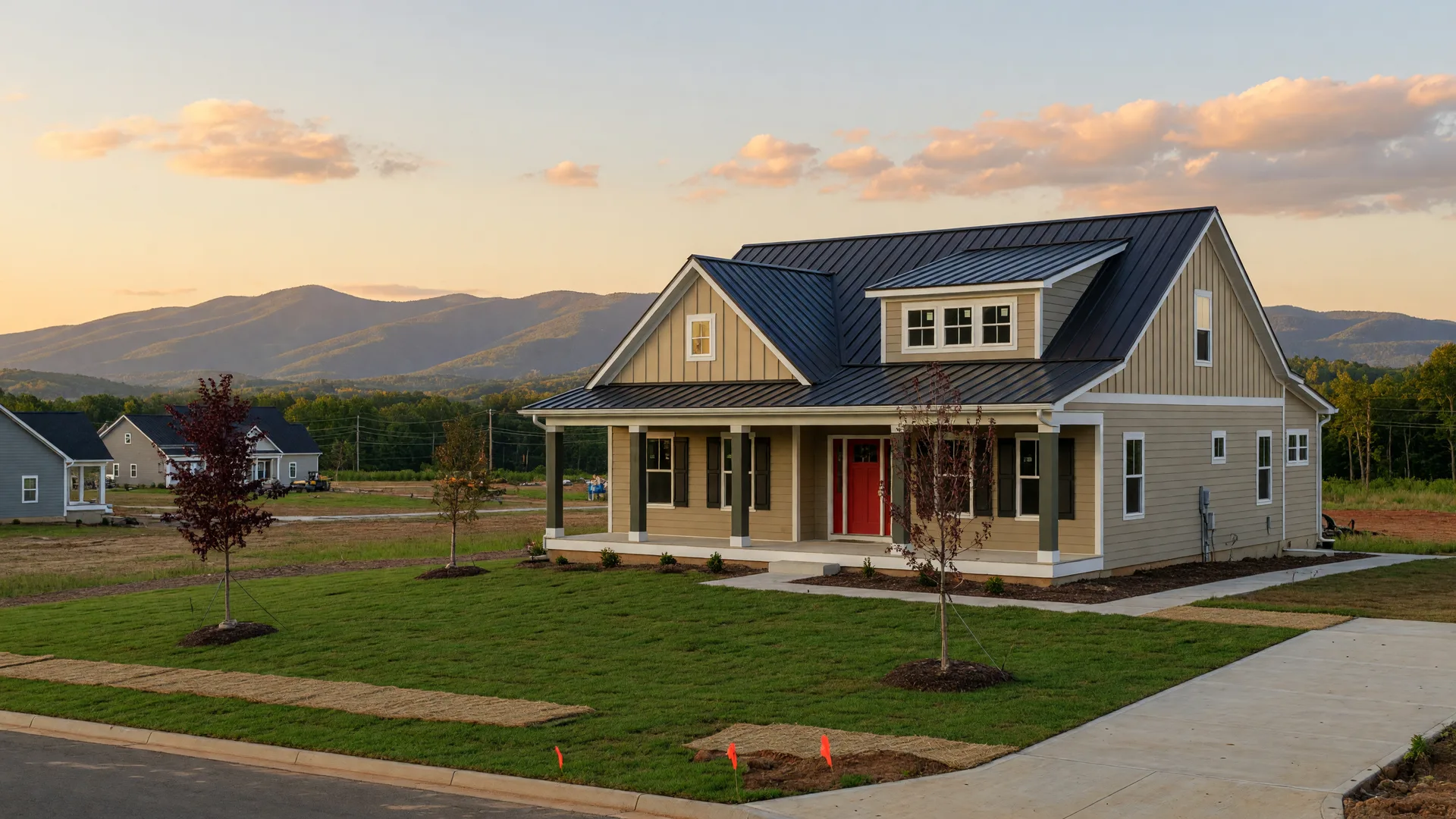 A new craftsman-style home in a Virginia Piedmont community near Culpeper at golden hour, with the Blue Ridge Mountains on the horizon