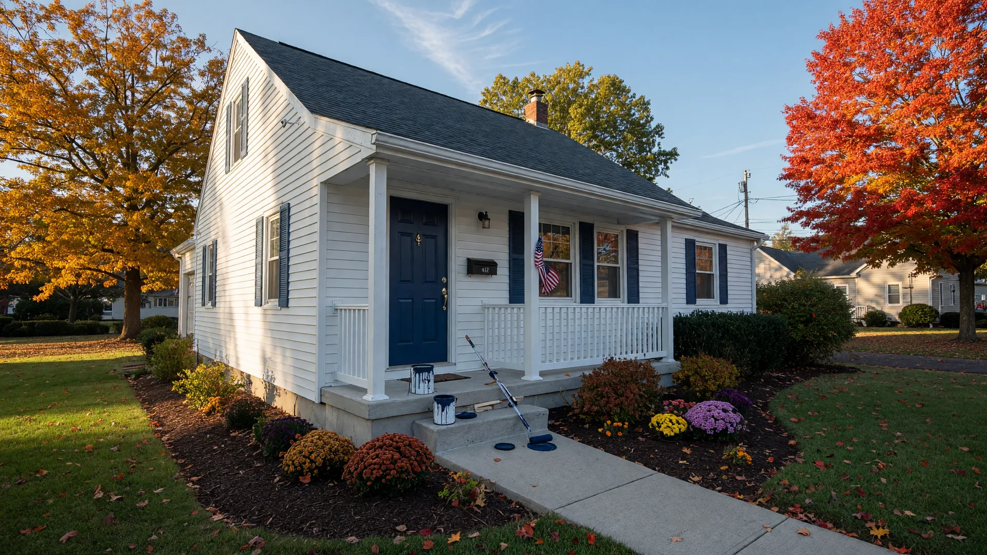 A freshly painted South Jersey suburban home with a new navy-blue front door and tidy landscaping on a crisp October morning, with a paint can on the porch step