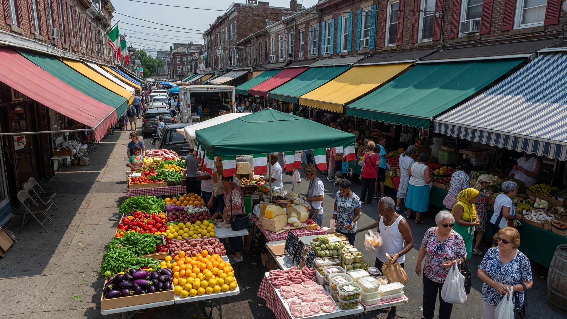 Italian Market outdoor vendors and awnings in Bella Vista