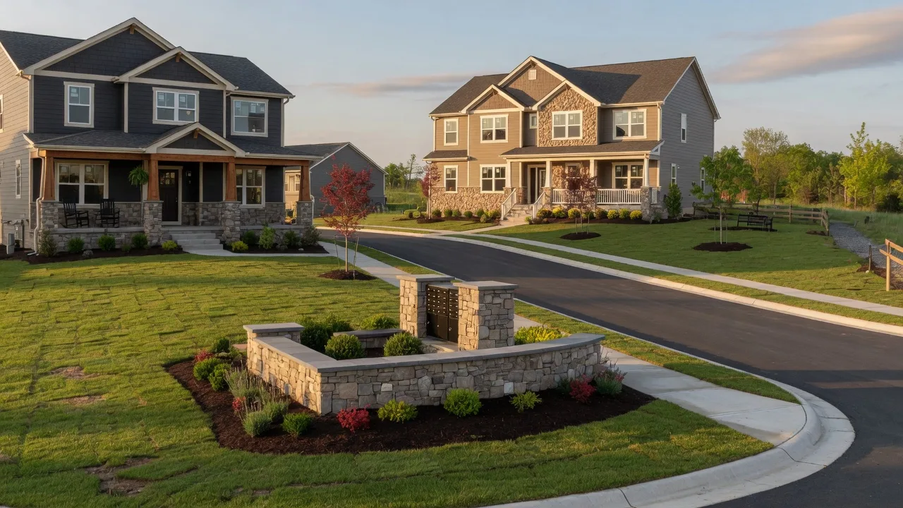 The landscaped entrance to a new construction Virginia community at golden hour, with a stone sign, mailbox centerpiece, and craftsman homes in the background