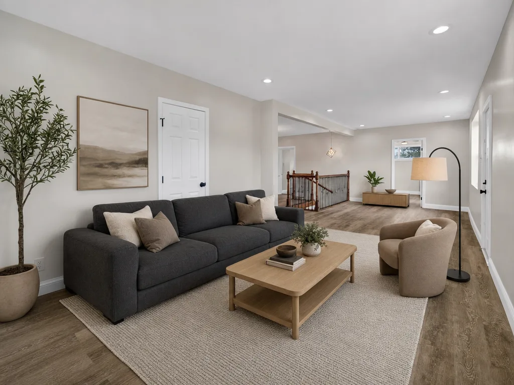 Renovated living area virtually staged with furniture and decor
