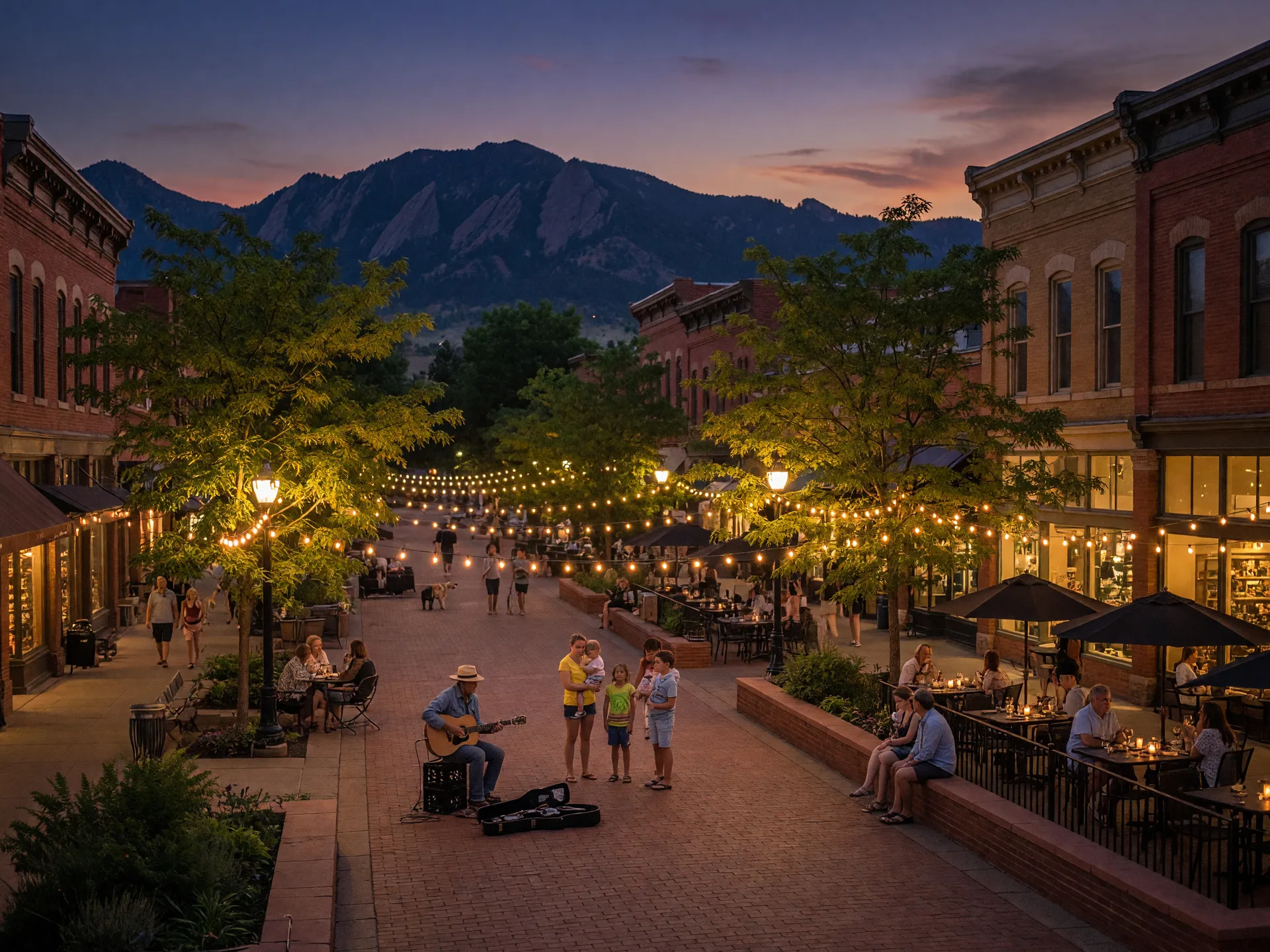 Pearl Street Mall in downtown Boulder with string lights and outdoor dining
