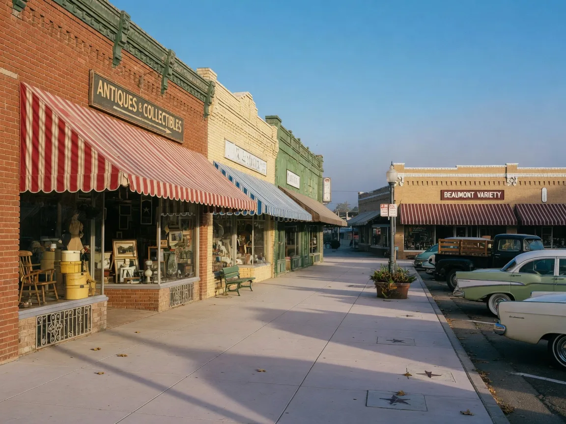 Downtown Beaumont main street with classic storefronts and antique shop windows in morning light