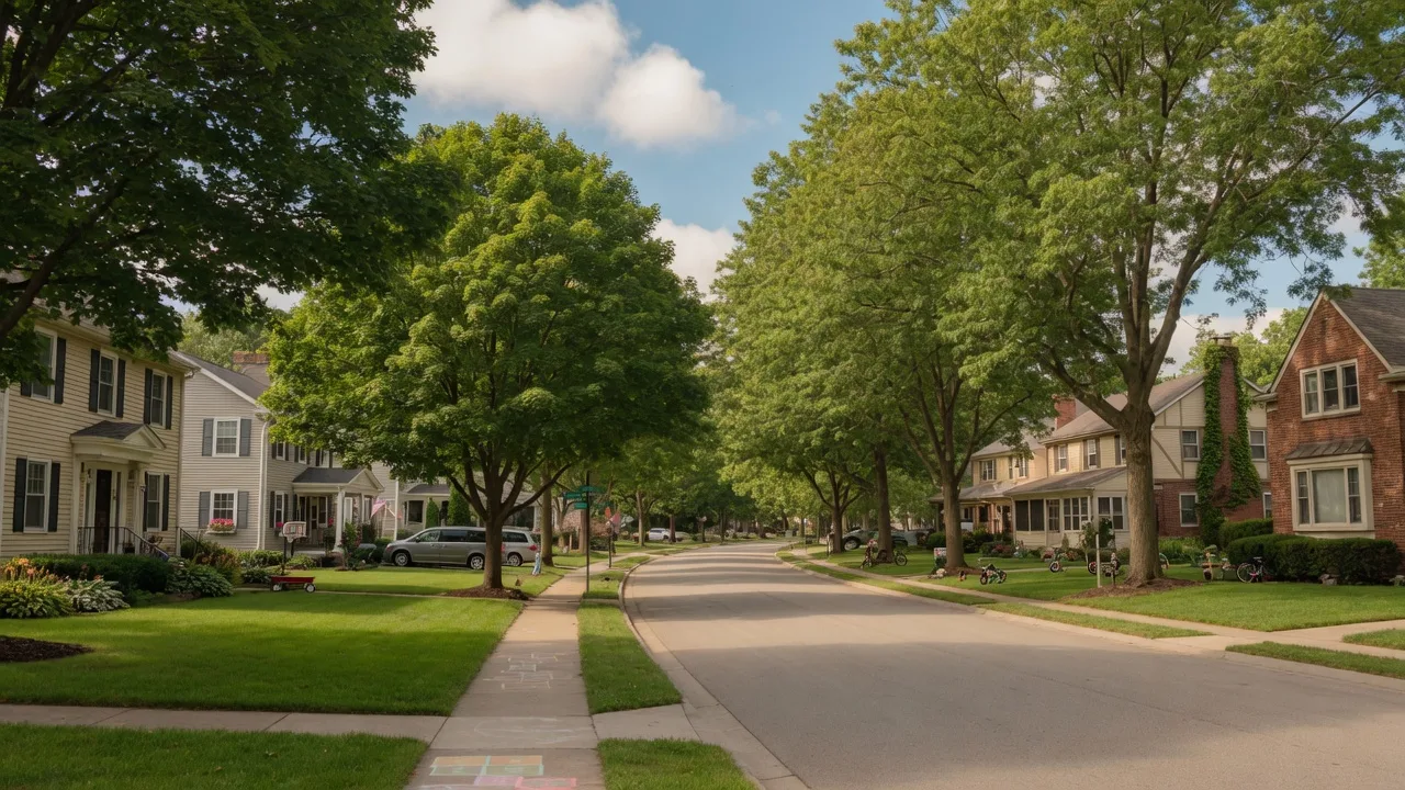 Tree-lined residential street in Avon Lake, Ohio with well-maintained homes on a sunny summer afternoon