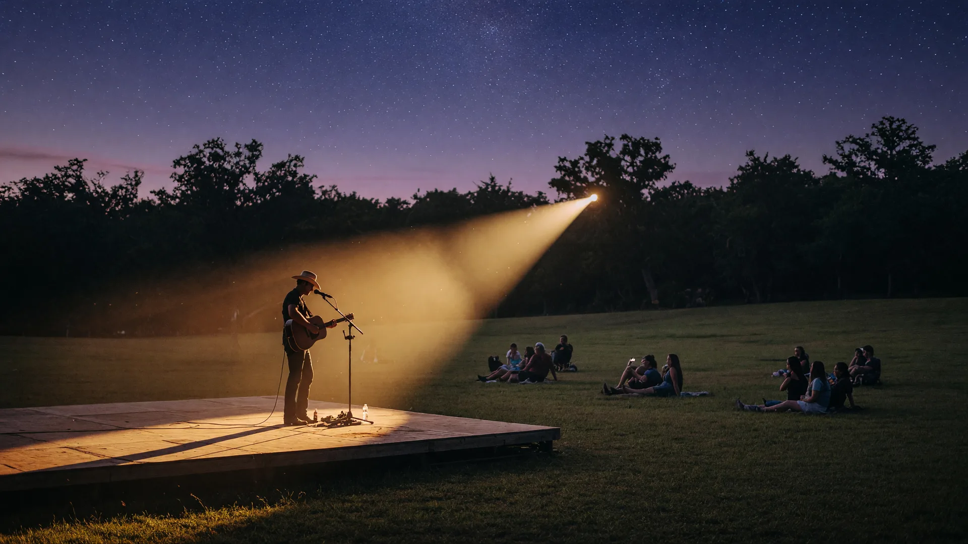 A solo country singer-songwriter silhouetted with an acoustic guitar under a warm spotlight on a night outdoor stage