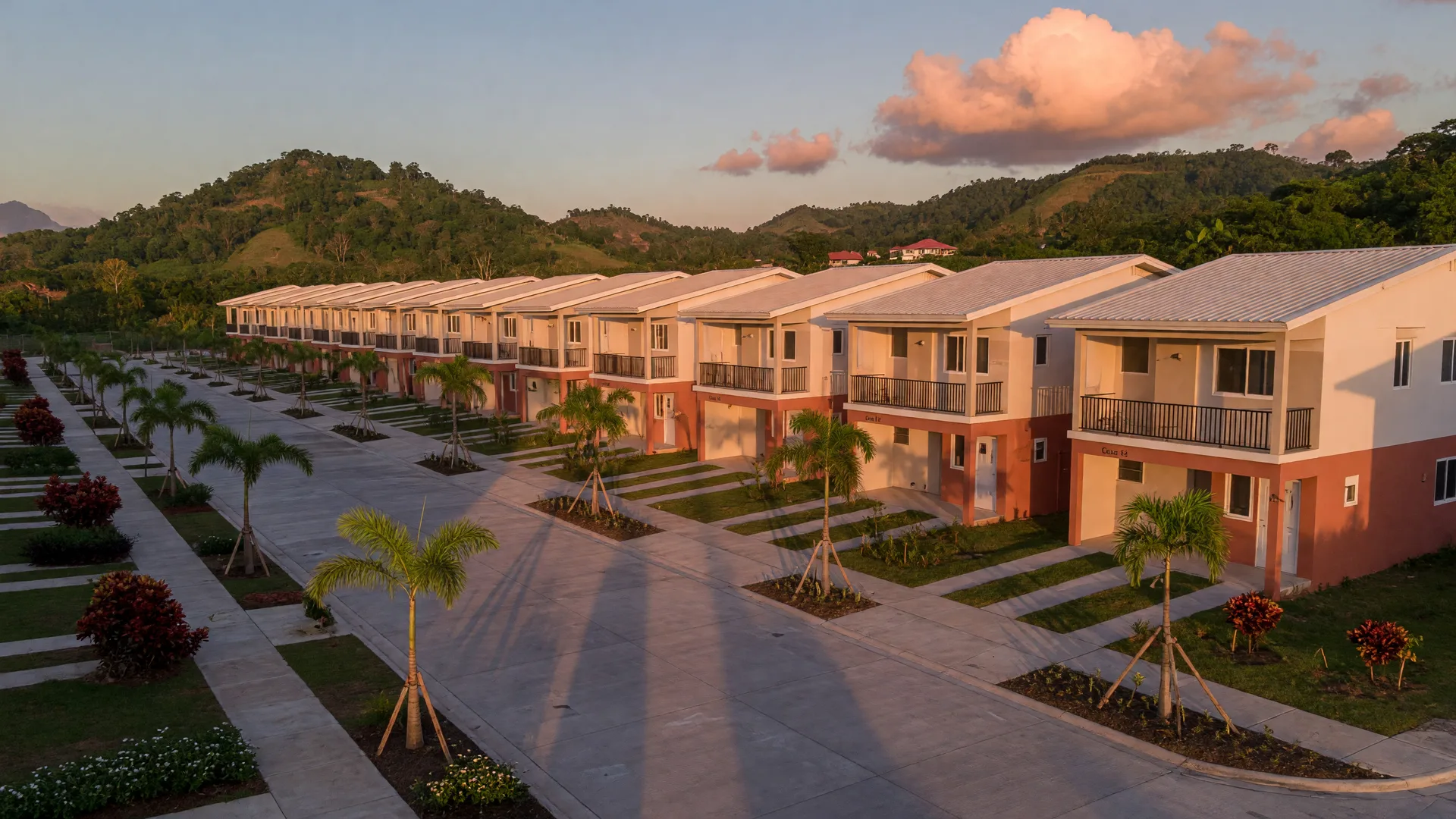 A new residential development in Panama at golden hour: modern two-story townhomes with terracotta and cream facades along a palm-lined boulevard