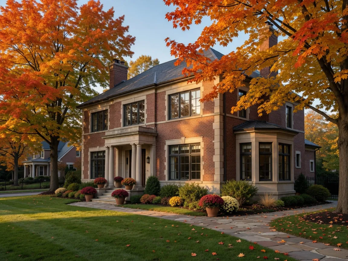 Elegant brick and stone luxury home in Westlake, Ohio framed by mature maples at peak October autumn color in warm late-afternoon light