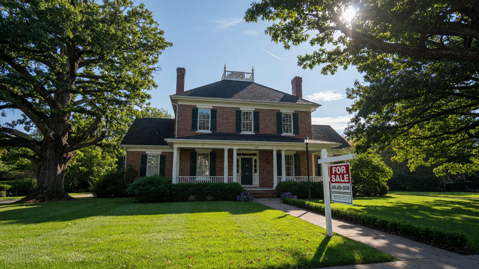 Classic Kentucky home with a For Sale sign in the front yard on a sunny day with oak trees and green lawn