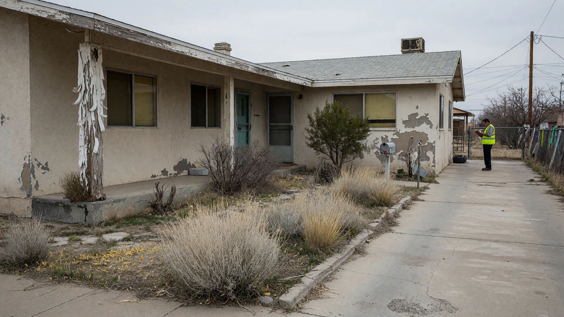 An older Nevada home seen from the street with peeling porch paint and an overgrown yard in soft daylight, with an inspector at the edge of the driveway.