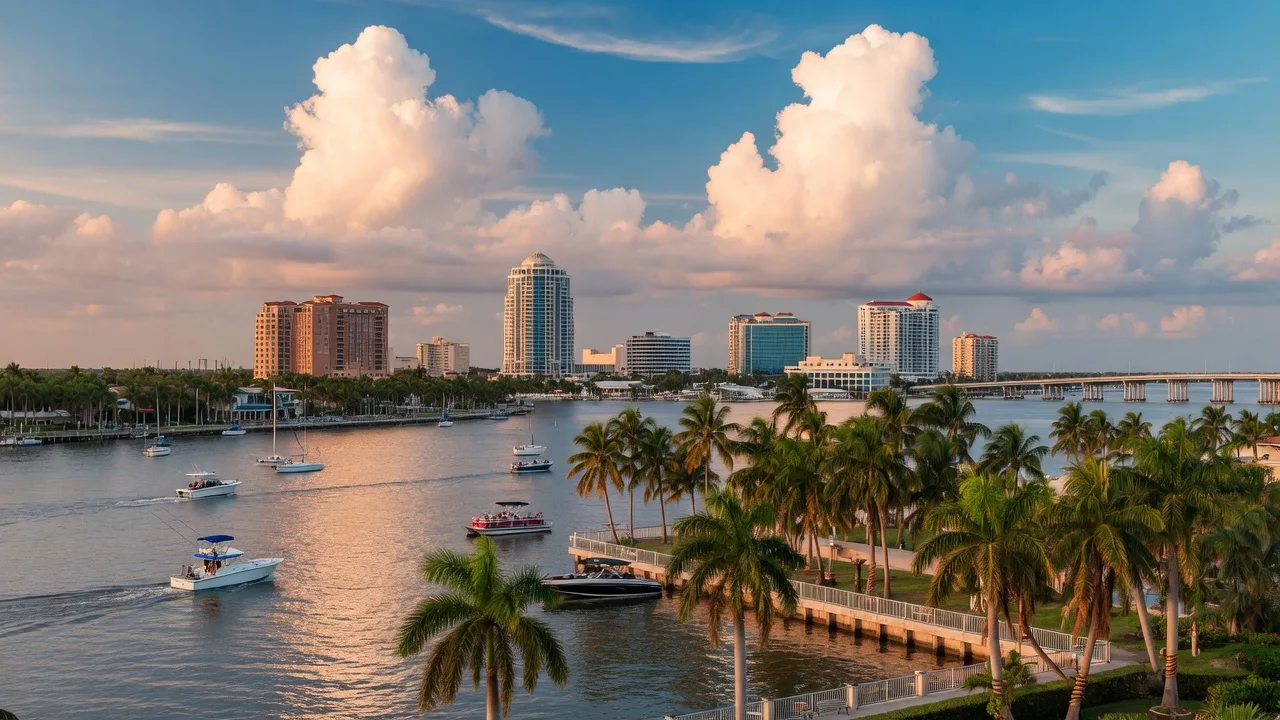 Caloosahatchee River and downtown Fort Myers skyline at golden hour with boats and palm trees