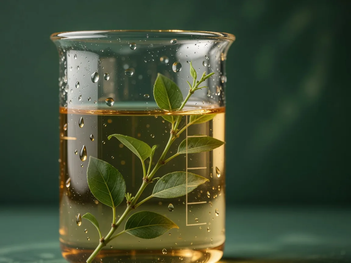 Laboratory glassware holding a golden liquid with a fresh botanical extract
