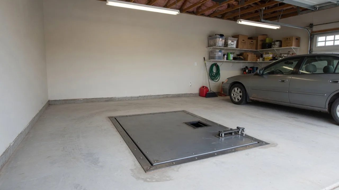 Clean residential garage with a sturdy steel storm shelter door set flush into the concrete floor