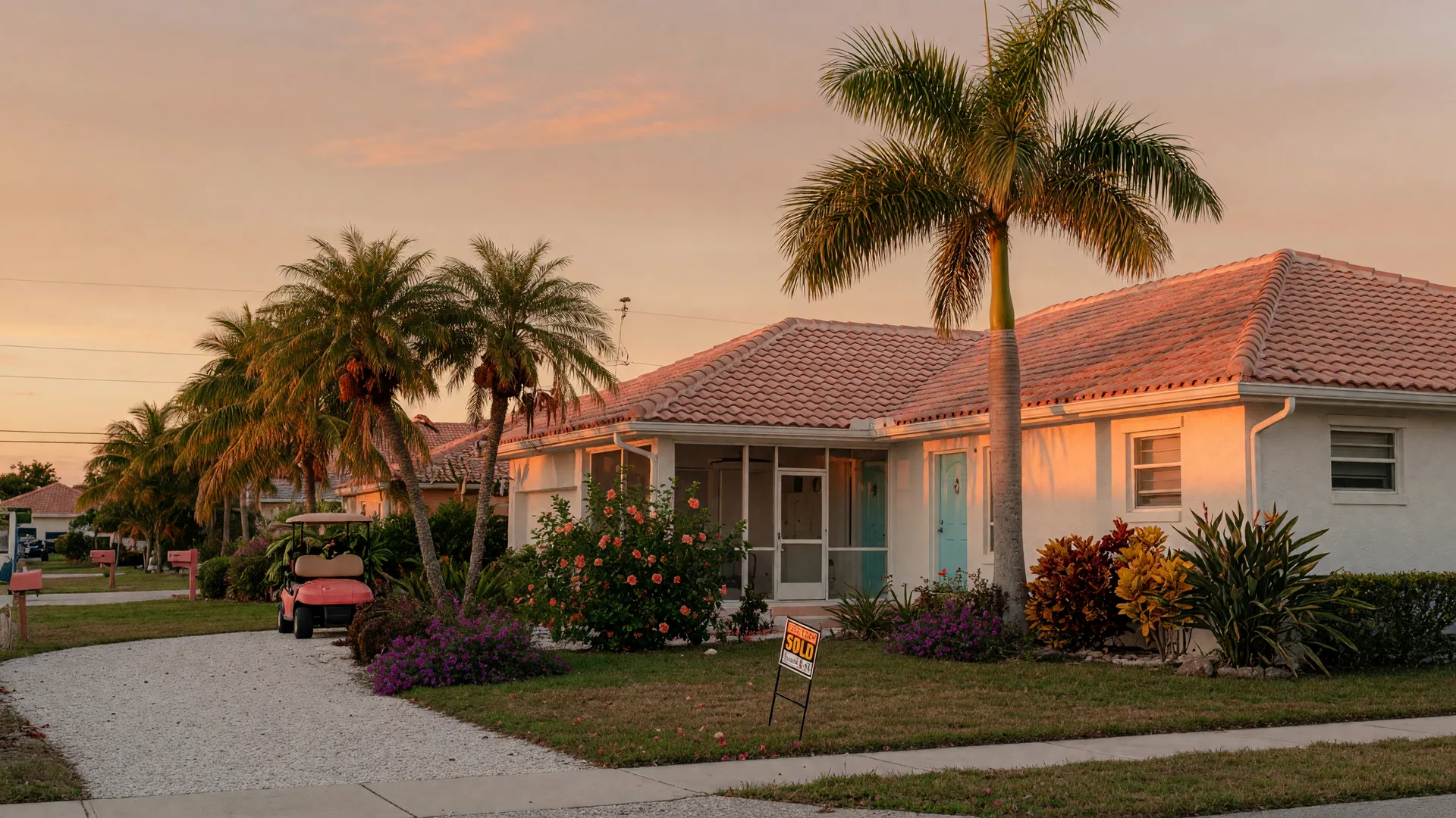 Bright white Southwest Florida home with a barrel-tile roof and a small SOLD sign in the front yard, palm trees and tropical landscaping bathed in coral-gold sunset light