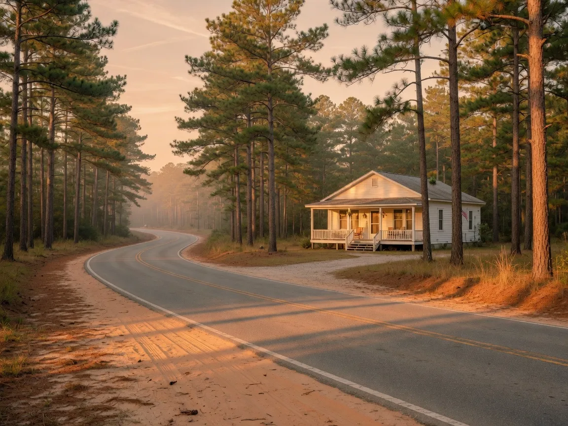 A quiet two-lane country road curving through longleaf pines past a white farmhouse at golden hour