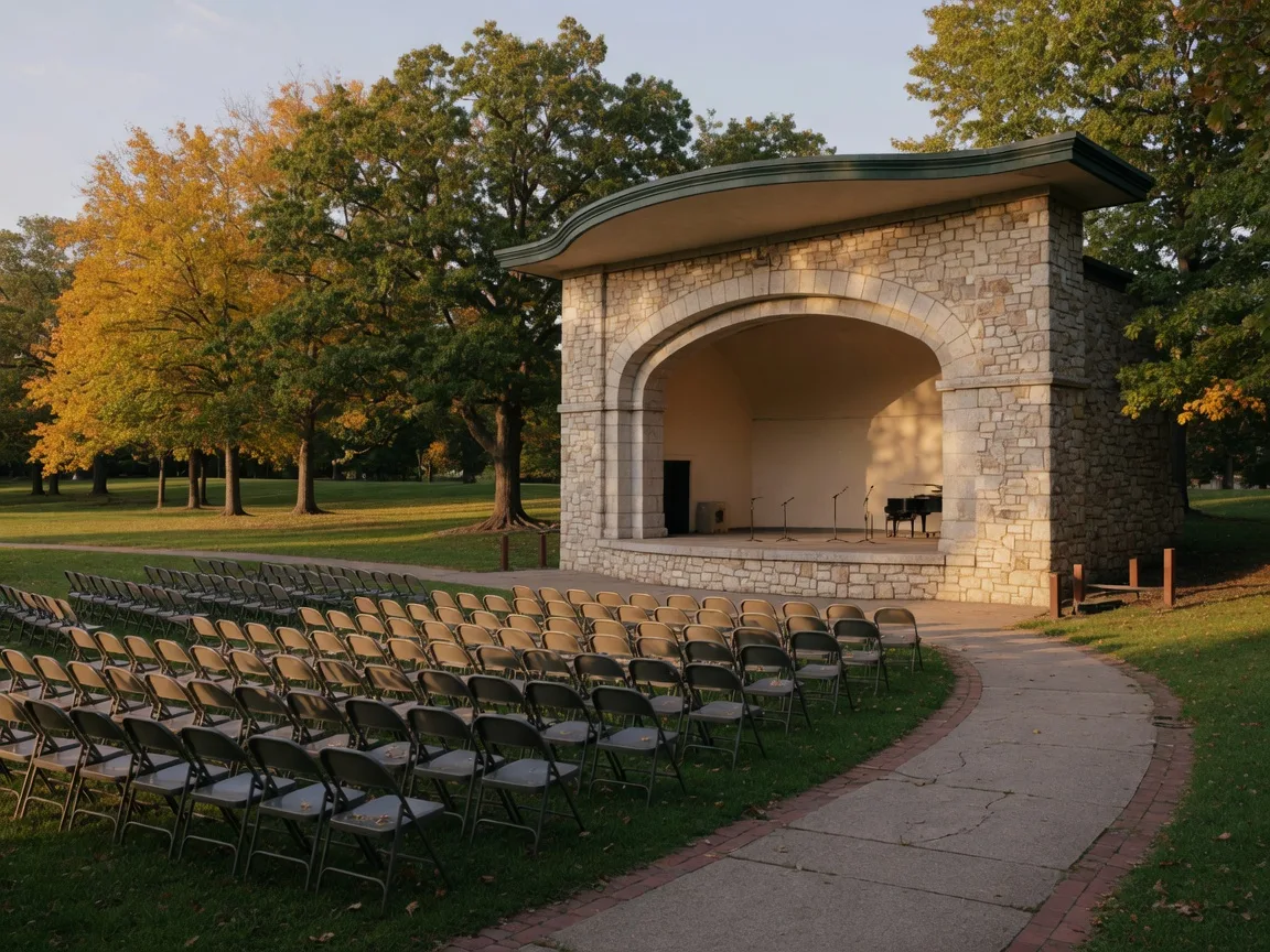 Open-air bandshell stage in a leafy public park with rows of folding chairs on the lawn in early fall