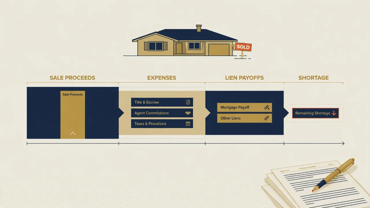 A clean settlement-statement diagram separating sale proceeds, approved expenses, lien payoffs, and the remaining shortage