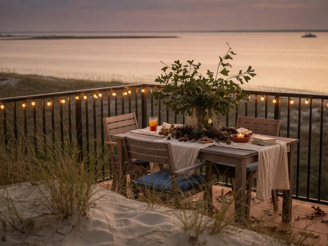 A cozy fall table setting on a Gulf Coast condo balcony at dusk, with string lights along the railing, a live oak and pine cone centerpiece, and the Mississippi Sound glowing gold behind the railing