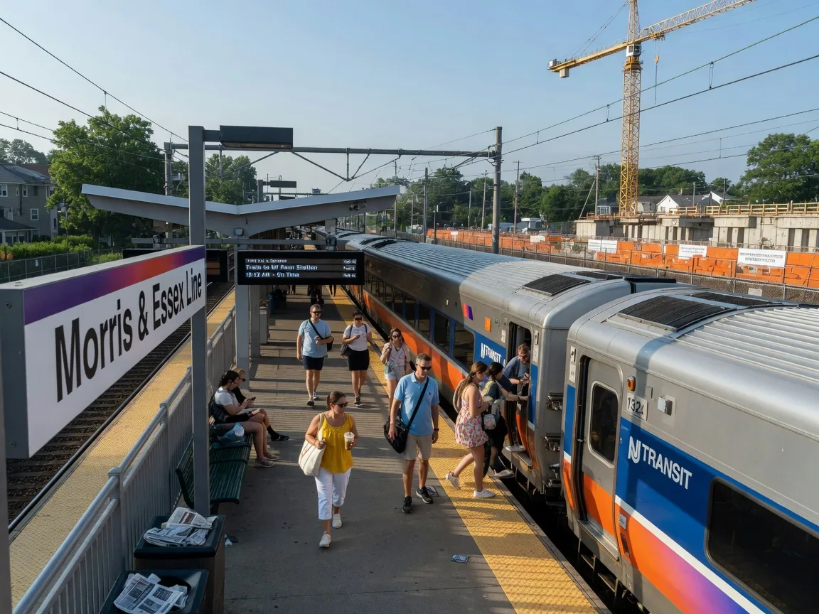 NJ Transit commuter train at a suburban Essex County station on a summer morning with commuters boarding and construction infrastructure visible in the distance