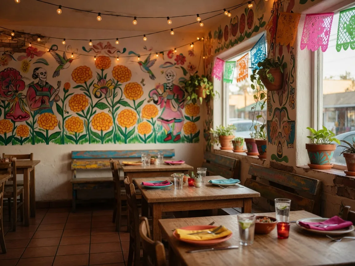 Warm Mexican restaurant interior with folk-art decor and tables set for dinner