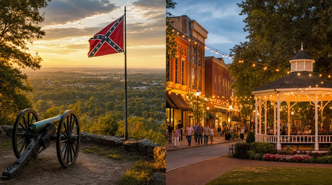 Split scene: Kennesaw Mountain National Battlefield Park with cannon and American flag at golden hour on the left and downtown Woodstock's Main Street with string lights and brick storefronts at dusk on the right