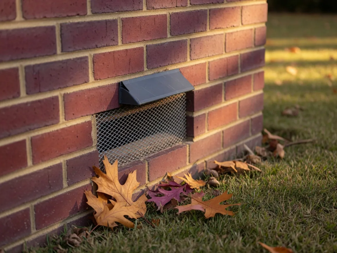 Ground-level foundation vent covered with wire mesh at the base of a brick home, with autumn leaves on the grass