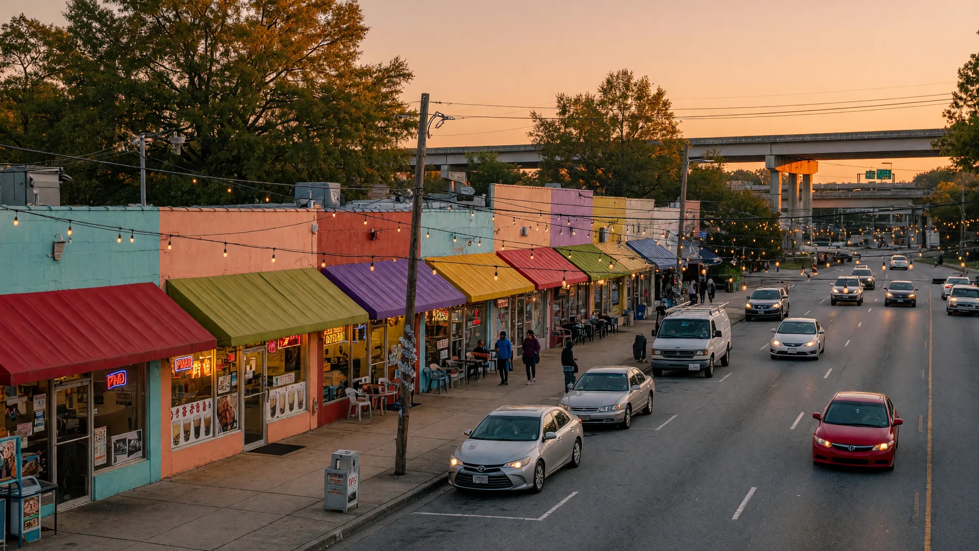 Buford Highway dining corridor in Doraville Georgia at evening, with glowing storefronts and string lights