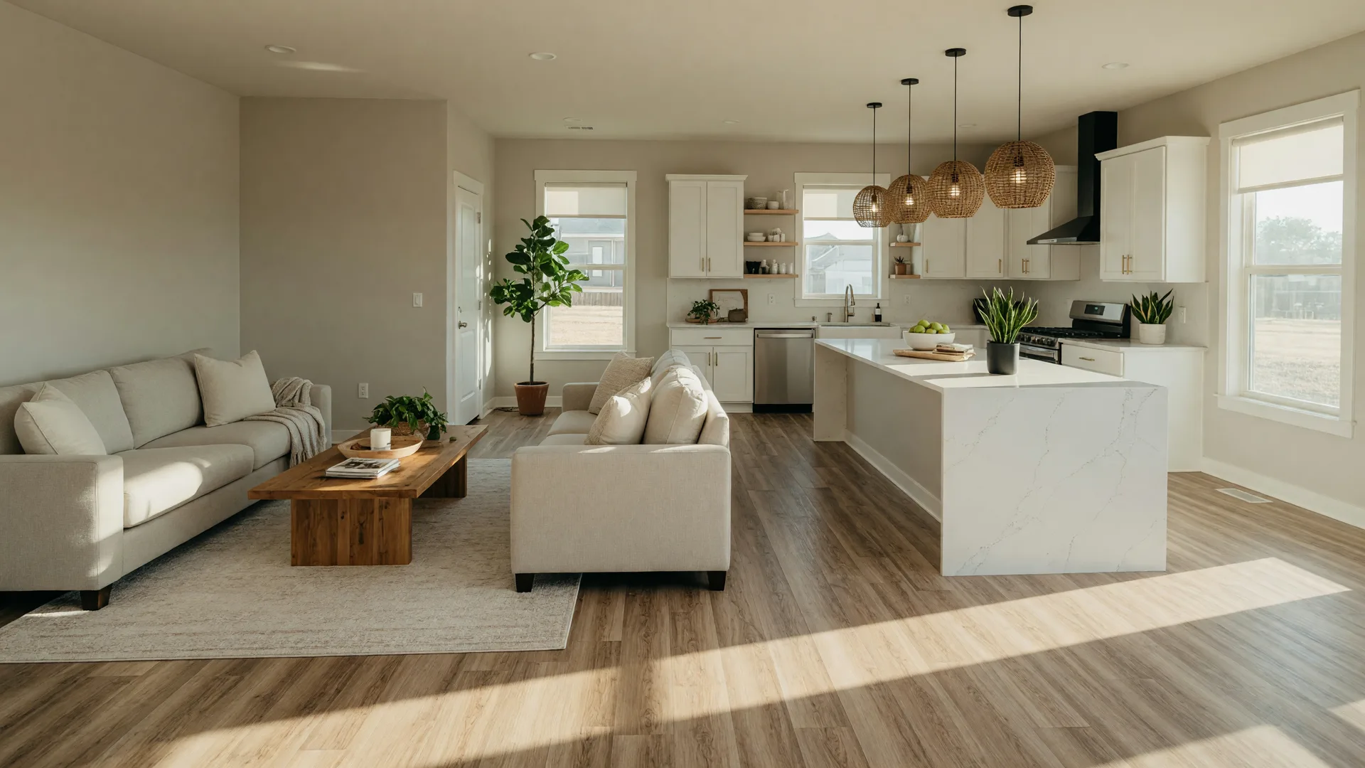 Open-concept living room and kitchen in a newer Oklahoma townhome with warm morning light