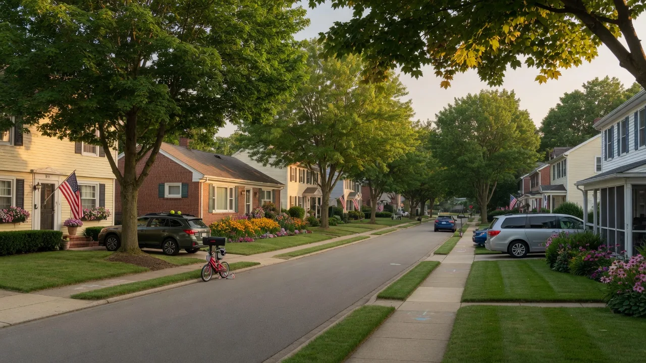 Tree-lined residential street in Bay Village, Ohio with well-maintained homes on a warm summer afternoon