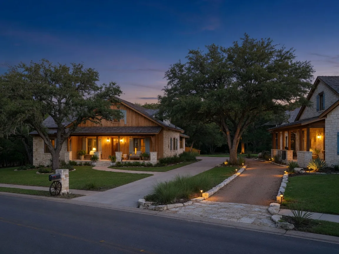 A quiet Texas Hill Country residential street at dusk with stone-and-wood homes set back on generous lots, glowing porch lights, live oaks, and limestone-edged driveways