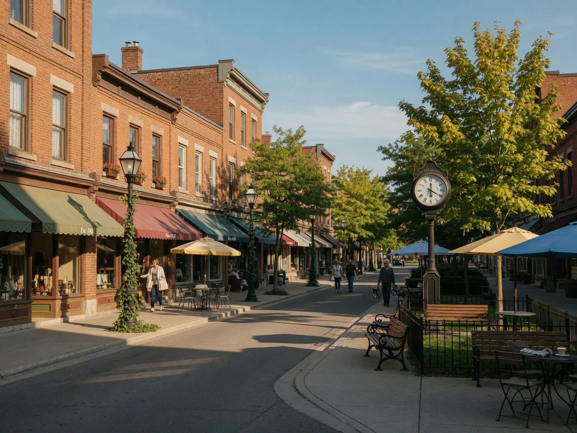 Brick storefronts on a downtown Oshawa main street in afternoon light