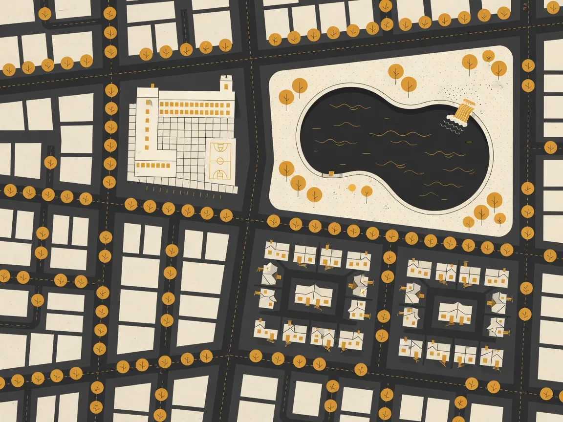 Editorial illustration of a neighborhood map with streets, a park, and a waterfall marker
