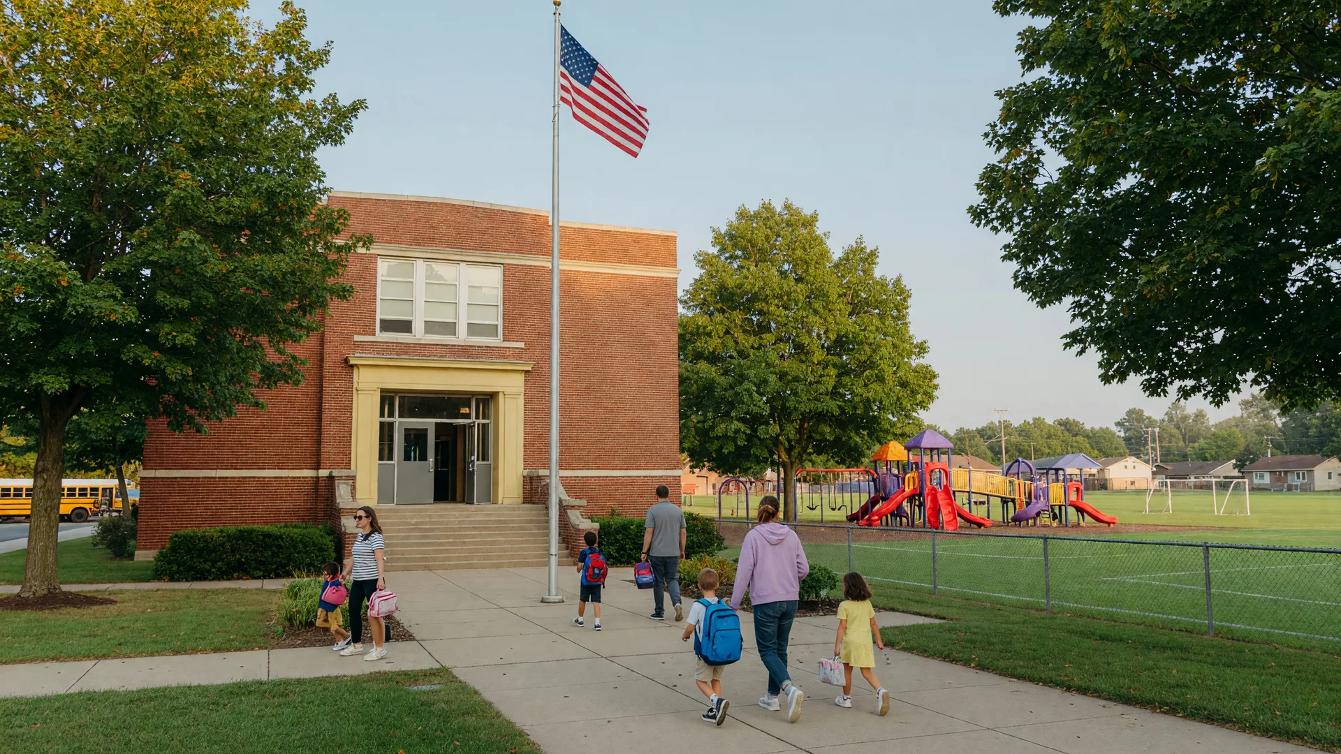 A classic brick elementary school in a Dayton Ohio suburb with green fields, playground, and mature trees on a bright late summer morning