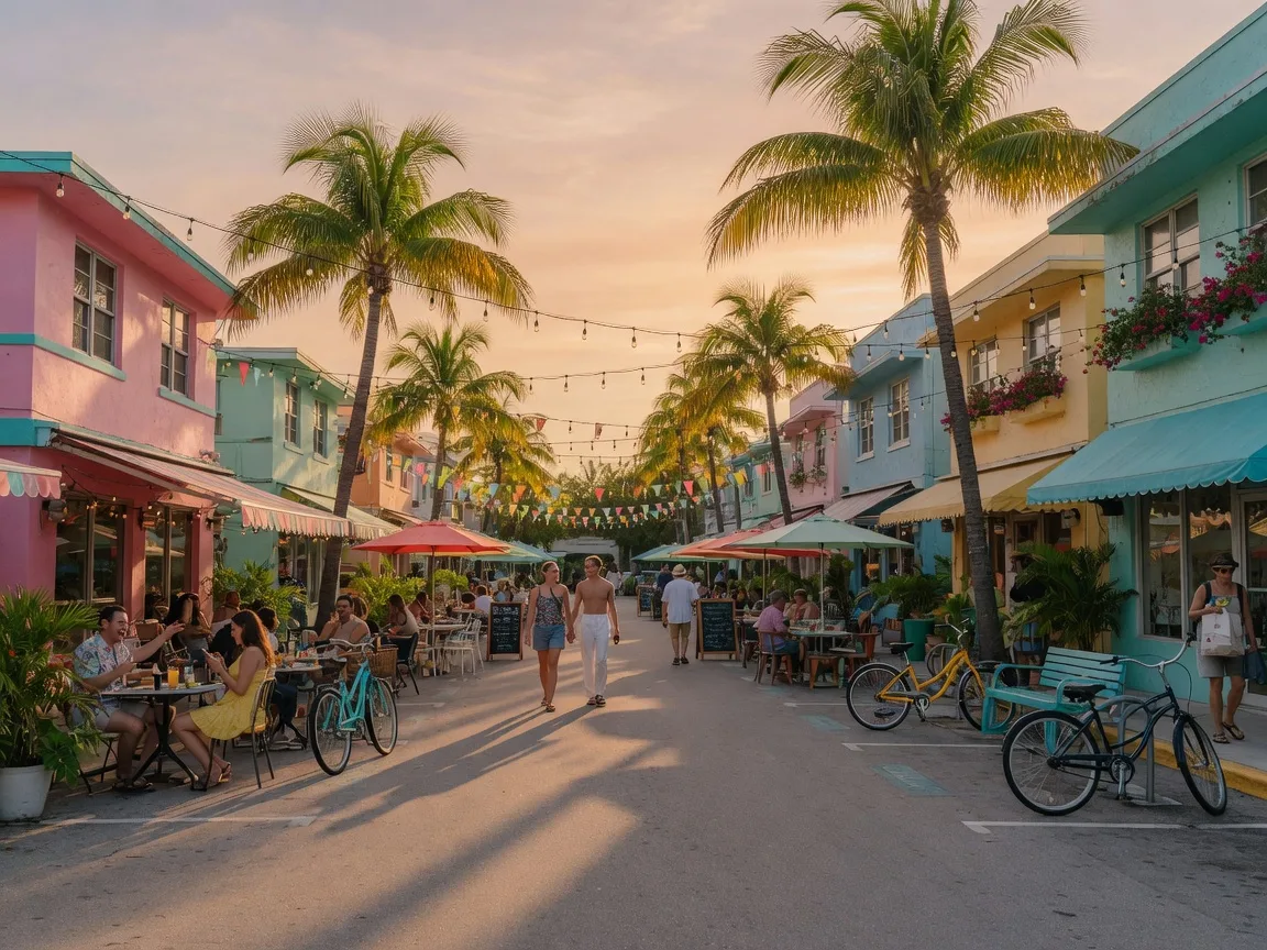 Wilton Drive in Wilton Manors at late afternoon, a lively main street of colorful storefronts, cafe patios, festoon lights, and bicycles