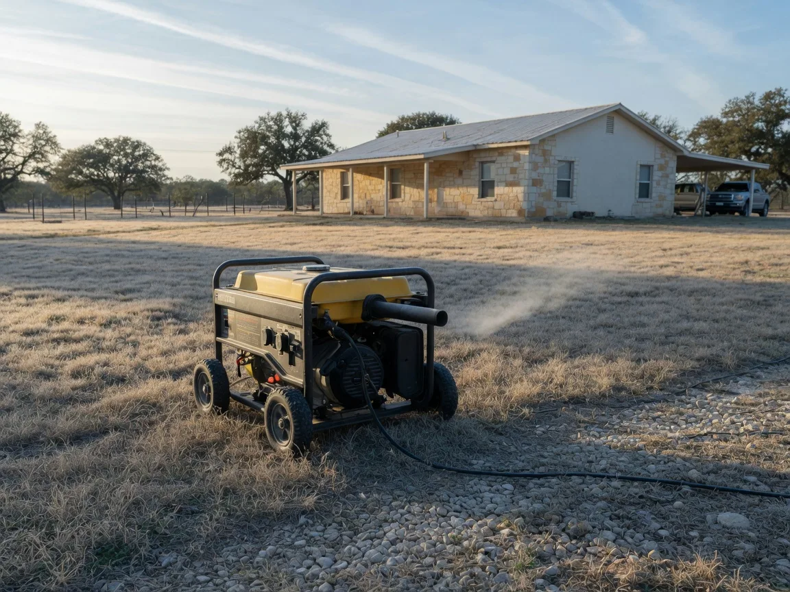 A portable generator running outdoors on dry, frost-covered ground at least 20 feet from a Hill Country home, exhaust directed away from the residence toward open pasture, positioned clear of the porch and carport with no enclosure overhead