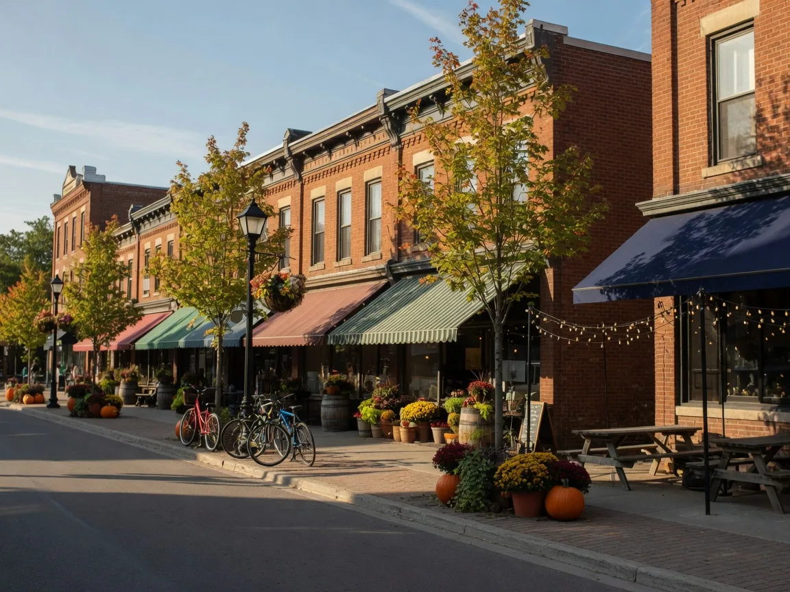 Downtown Uxbridge on a sunny late September afternoon with heritage brick storefronts along Brock Street, a brewery patio with string lights, maples in early fall colour and planters of pumpkins and mums